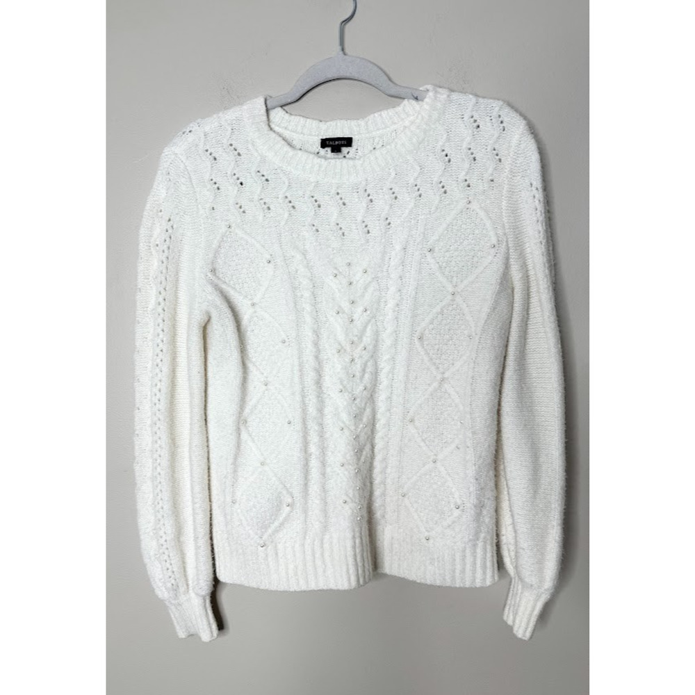 Talbots Ivory White‎ Pearl Beading Cable Knit Sweater Size S Cozy Coquette Core